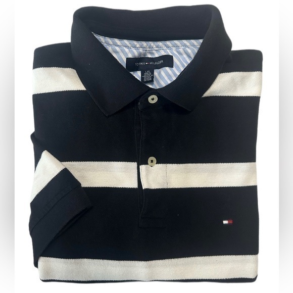 Tommy Hilfiger‎ Striped Golf Polo Mens Size XL Black White Business Tennis Rugby - Picture 1 of 7